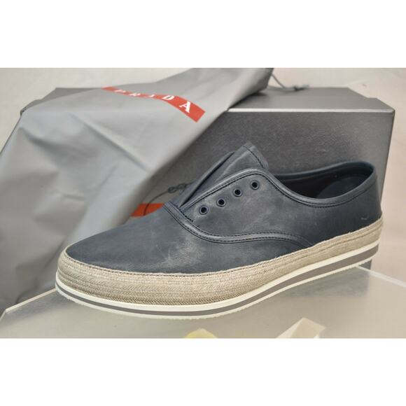 PRADA BALTIC BLUE DISTRESSED LEATHER PLATFORM LACELESS SNEAKERS 8.5 US 9.5 - Picture 9 of 12